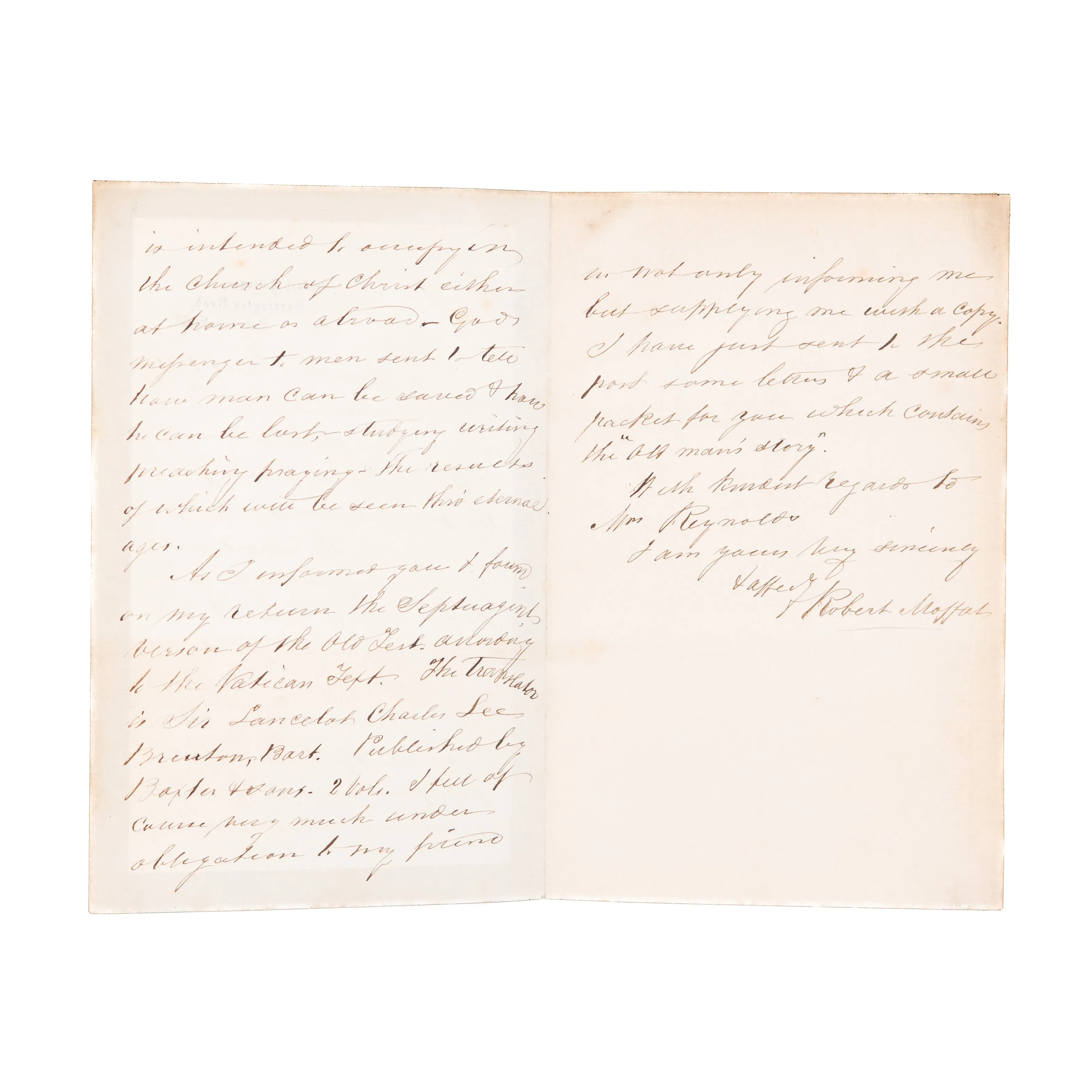 1871 ROBERT MOFFAT. 3pp Autograph Letter on Solemn Responsibility of the Ministry.