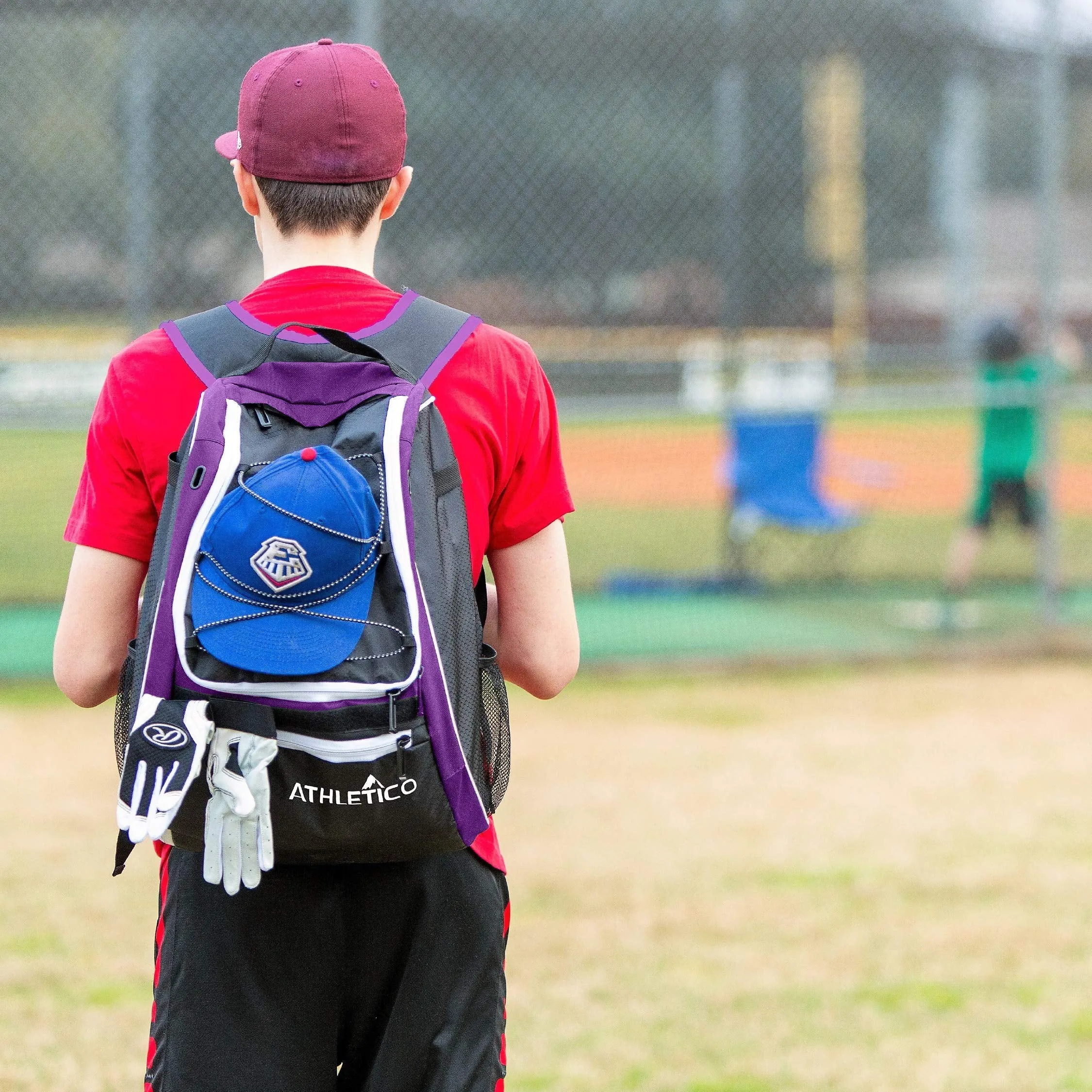 Athletico Baseball Bat Bag - Backpack for Baseball, T-Ball & Softball Equipment & Gear for Youth and Adults | Holds Bat, Helmet, Glove, Shoes |Shoe Compartment & Fence Hook (Purple)