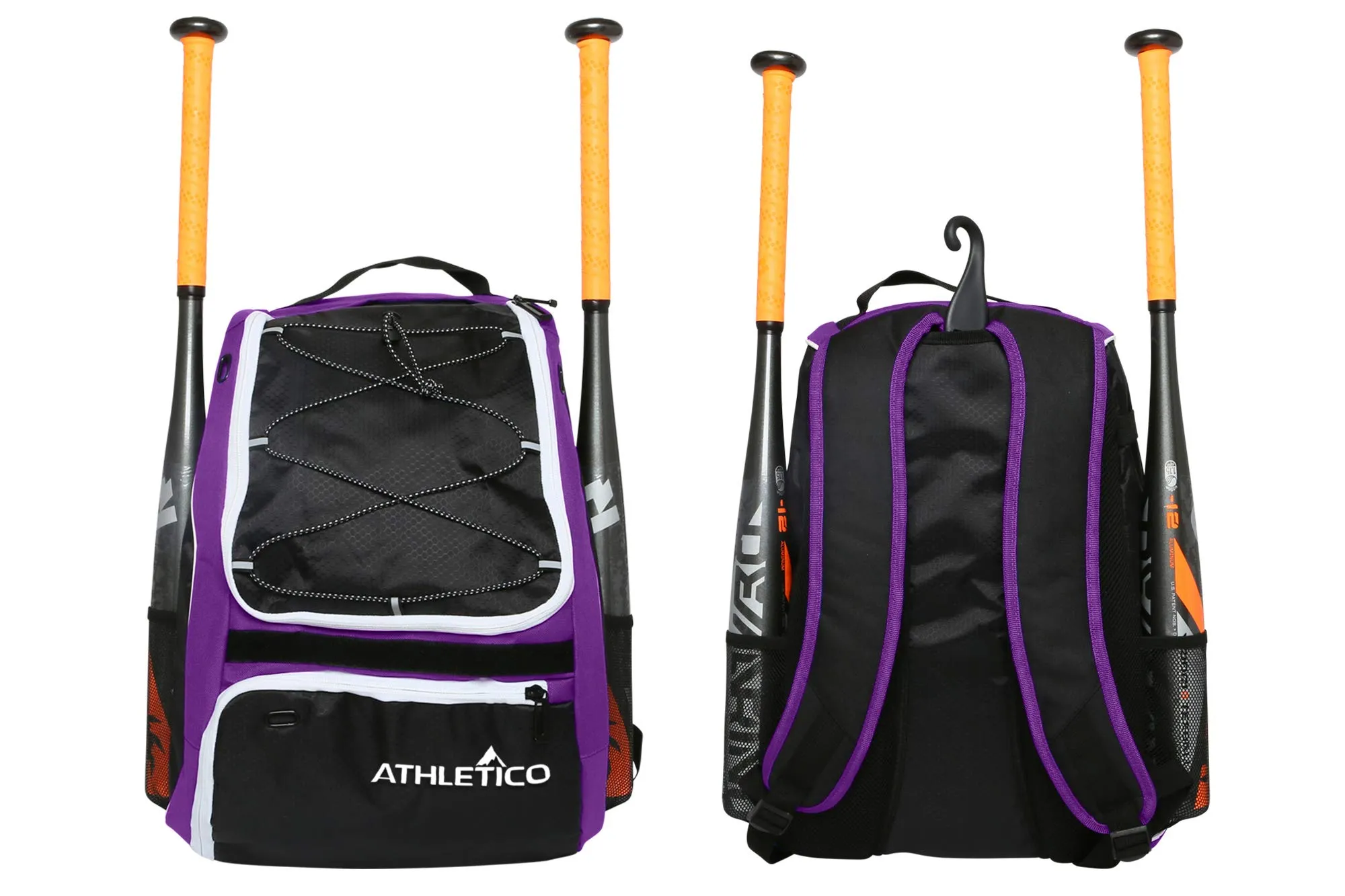 Athletico Baseball Bat Bag - Backpack for Baseball, T-Ball & Softball Equipment & Gear for Youth and Adults | Holds Bat, Helmet, Glove, Shoes |Shoe Compartment & Fence Hook (Purple)