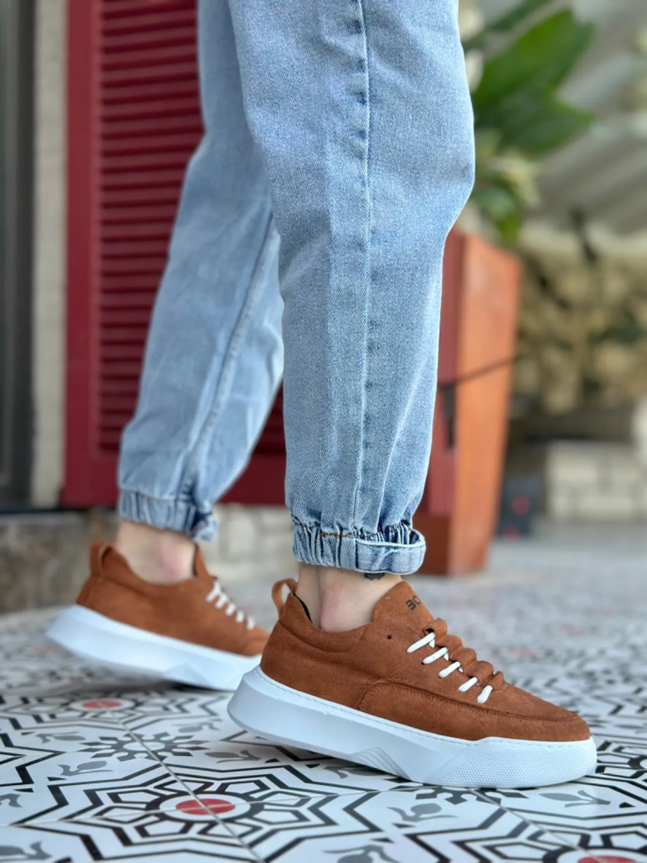 BA0332 Ladder Pattern Lace-Up Men's High Sole Tan Suede White Sole Sports Shoes