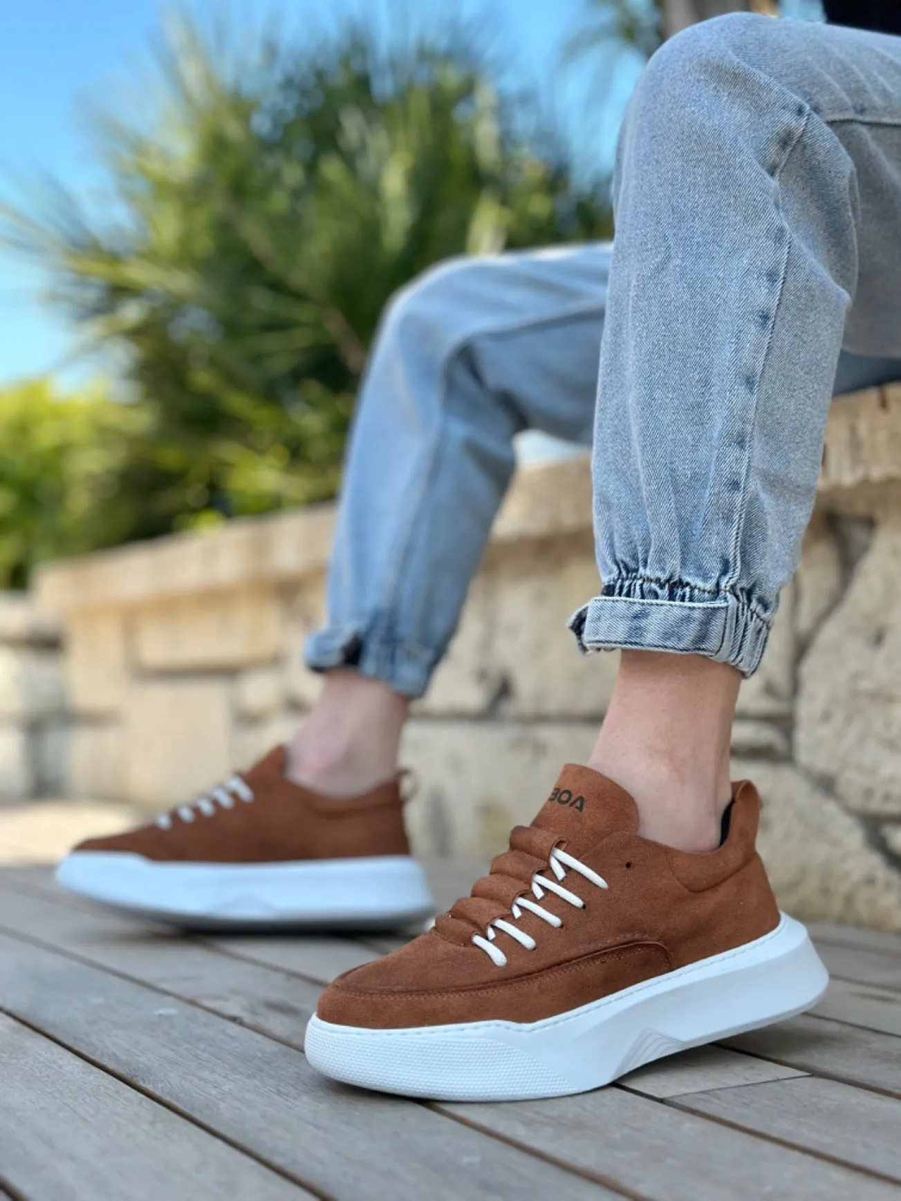 BA0332 Ladder Pattern Lace-Up Men's High Sole Tan Suede White Sole Sports Shoes