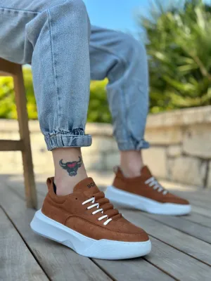 BA0332 Ladder Pattern Lace-Up Men's High Sole Tan Suede White Sole Sports Shoes