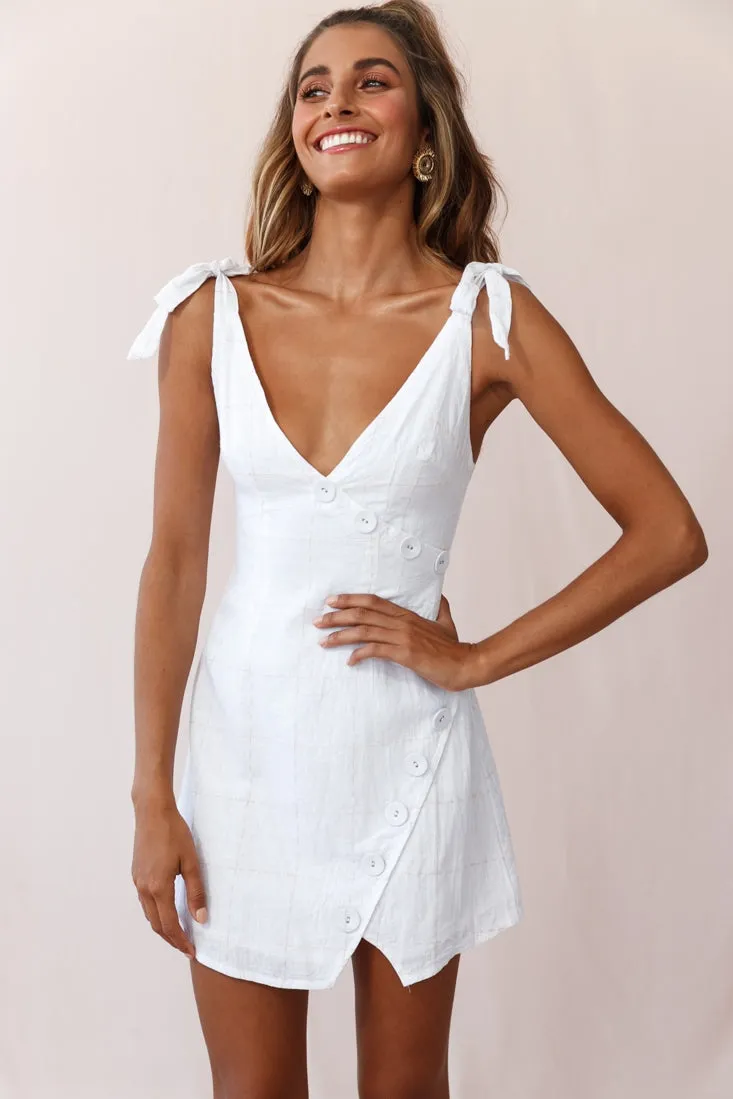 Bijoux Faux Placket Tied Shoulder Dress Square Stitch White