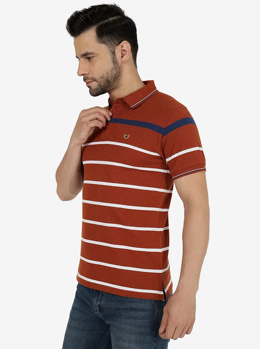Brown & White Striped Slim Fit Polo T-Shirt | JadeBlue