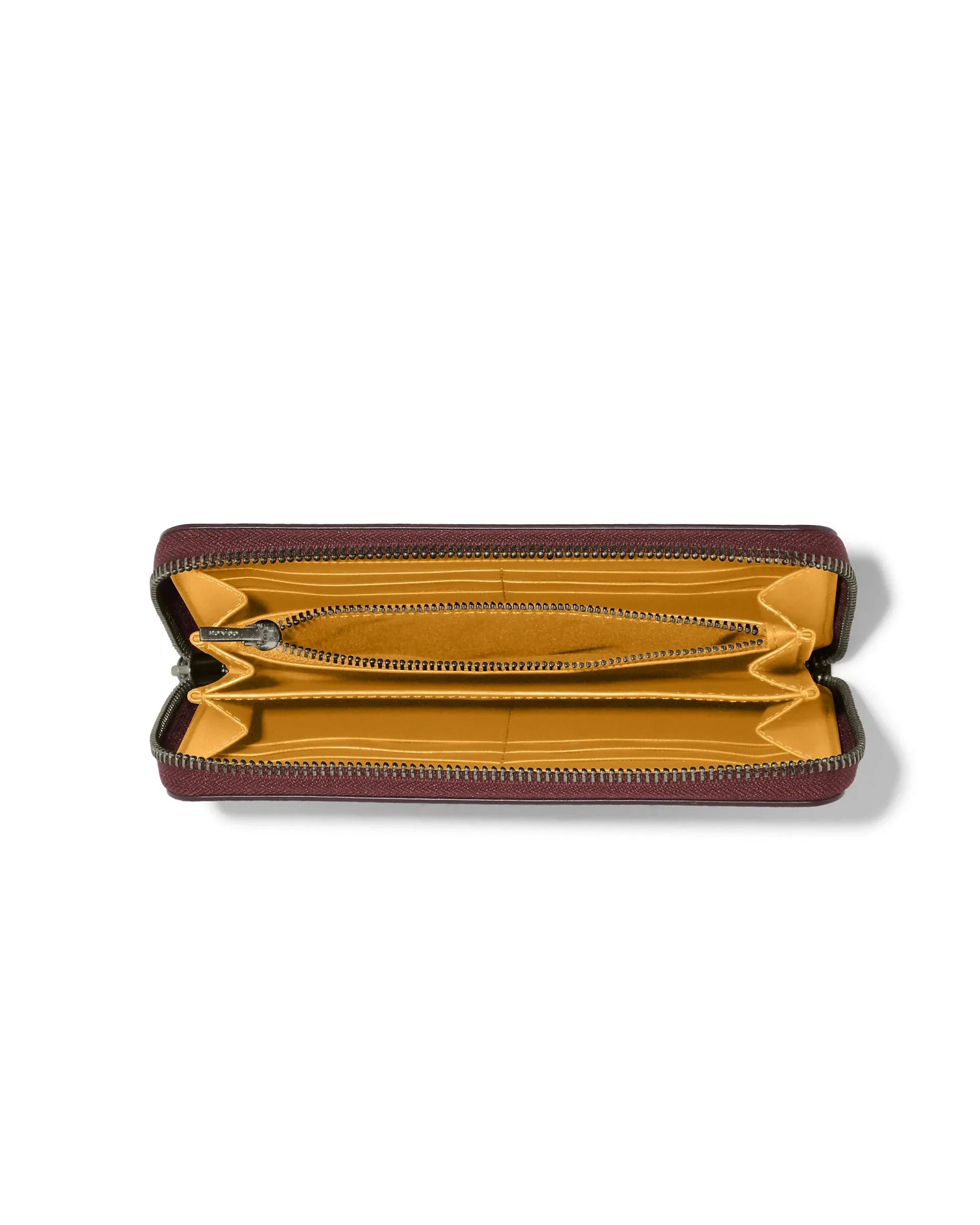 Coach Women's Brown & Buttercup Long Zip Around Wallet In Signature Canvas With Varsity Motif