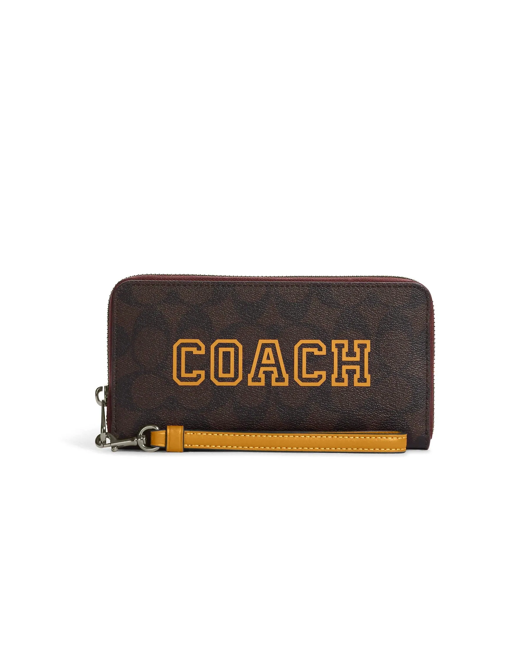 Coach Women's Brown & Buttercup Long Zip Around Wallet In Signature Canvas With Varsity Motif