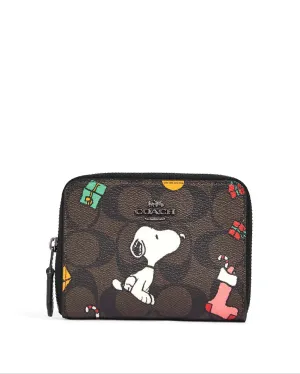 Coach Women's Brown Black Multi Coach X Peanuts Small Zip Around Wallet In Signature Canvas With Snoopy Presents Print