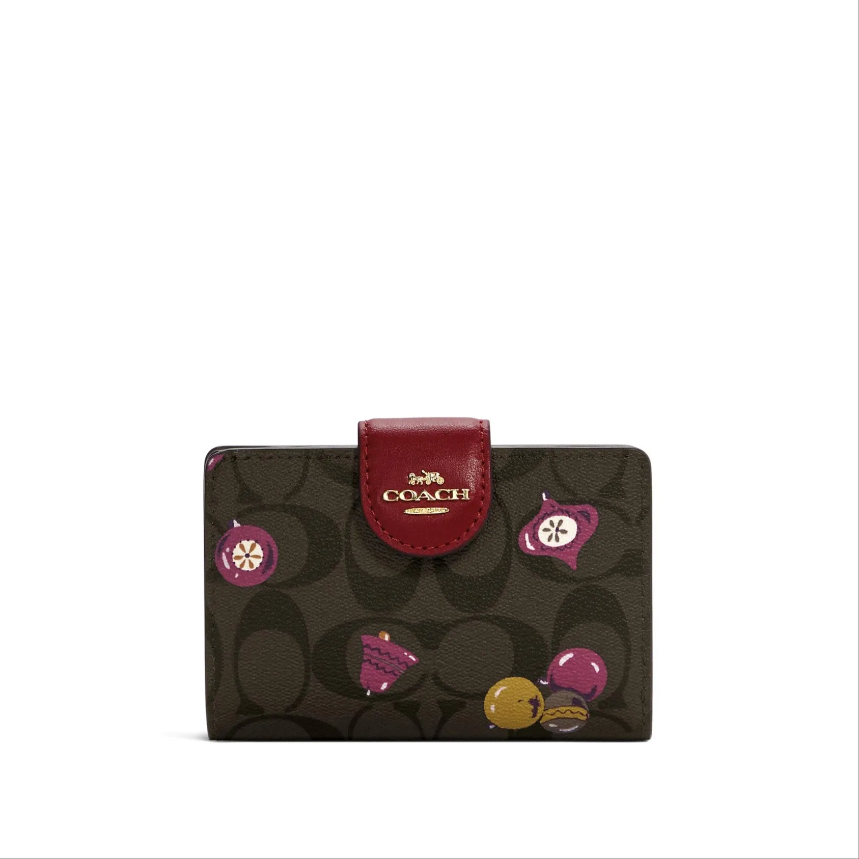 Coach Women's Brown Black Multi Medium Corner Zip Wallet In Signature Canvas With Ornament Print