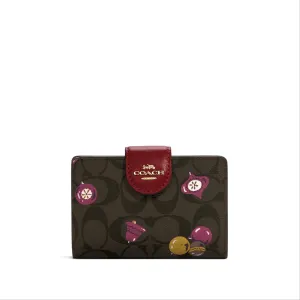 Coach Women's Brown Black Multi Medium Corner Zip Wallet In Signature Canvas With Ornament Print