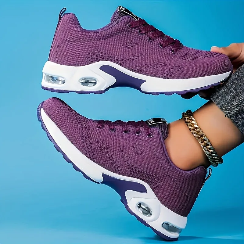Comfortable Women's Air Cushion Sneakers - Flying Woven Lace Up Shock Absorbing Running Shoes for Outdoor Sports