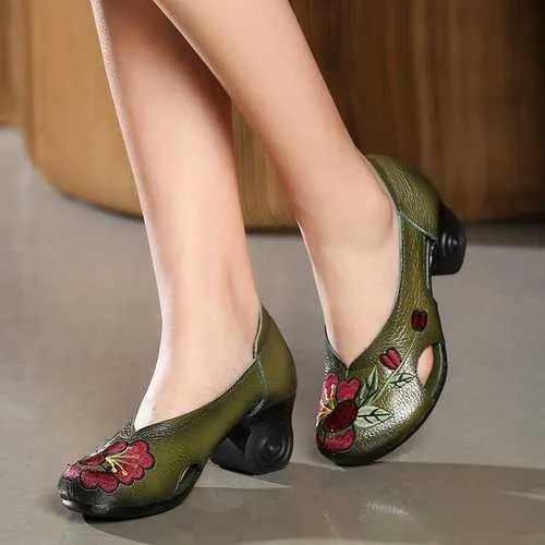 Flowers Embroidery Leather Hollow Pumps