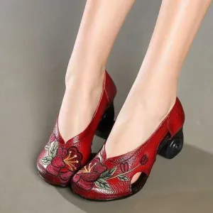 Flowers Embroidery Leather Hollow Pumps
