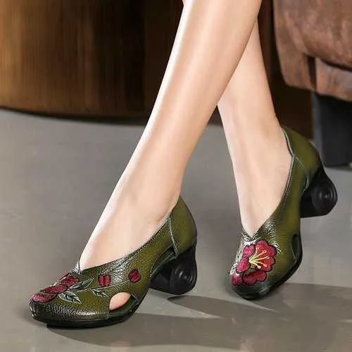 Flowers Embroidery Leather Hollow Pumps