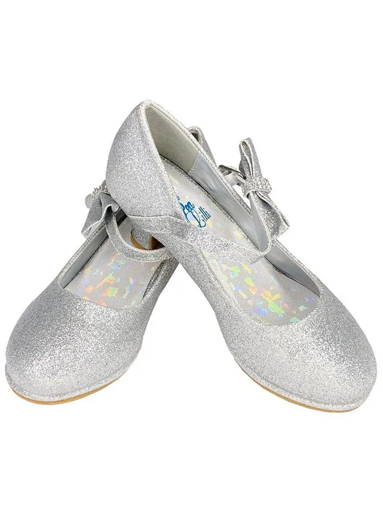 Girls Silver Side Bow Adjustable Strap Pearl Dress Shoes 10 Toddler-6 Kids