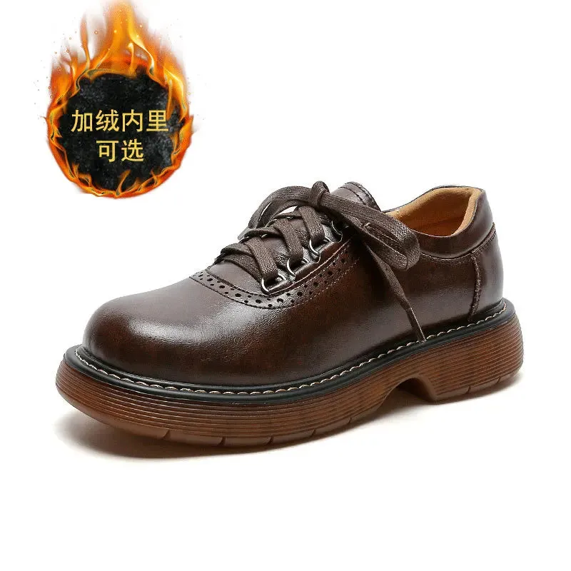 Hnzxzm Round Toe Small Leather Shoes for Women New British Style Single Shoes Japanese Vintage Brown Leather Shoes