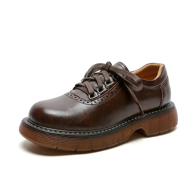 Hnzxzm Round Toe Small Leather Shoes for Women New British Style Single Shoes Japanese Vintage Brown Leather Shoes