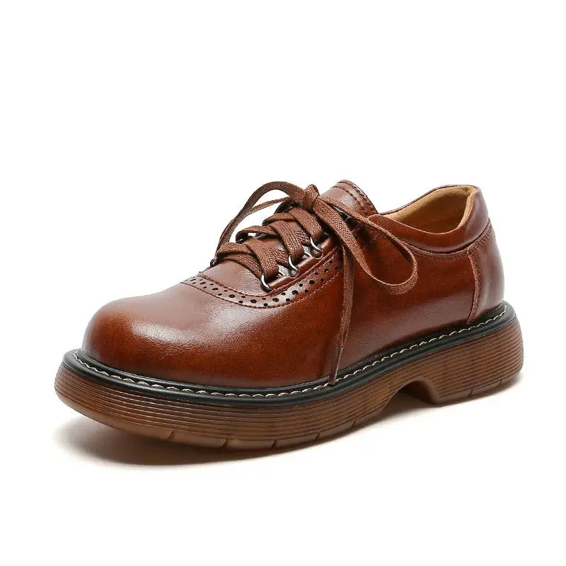 Hnzxzm Round Toe Small Leather Shoes for Women New British Style Single Shoes Japanese Vintage Brown Leather Shoes