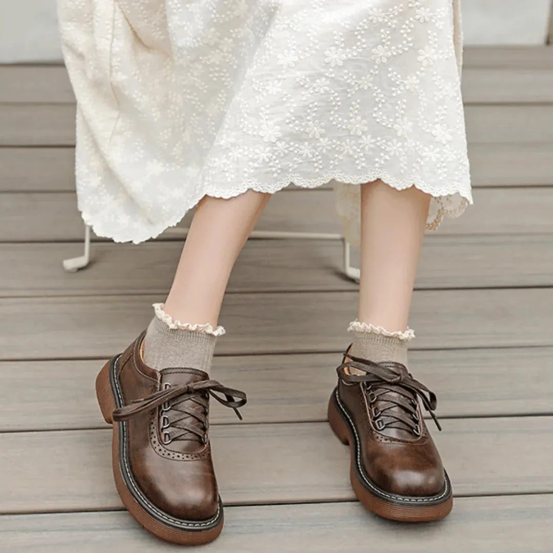Hnzxzm Round Toe Small Leather Shoes for Women New British Style Single Shoes Japanese Vintage Brown Leather Shoes