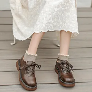 Hnzxzm Round Toe Small Leather Shoes for Women New British Style Single Shoes Japanese Vintage Brown Leather Shoes
