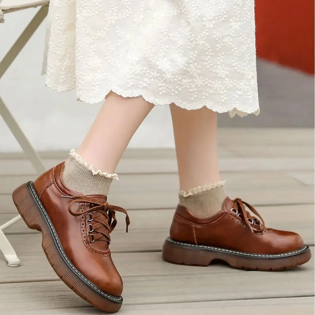Hnzxzm Round Toe Small Leather Shoes for Women New British Style Single Shoes Japanese Vintage Brown Leather Shoes