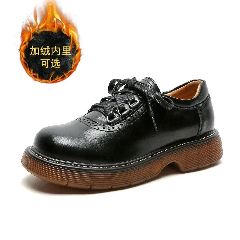 Hnzxzm Round Toe Small Leather Shoes for Women New British Style Single Shoes Japanese Vintage Brown Leather Shoes