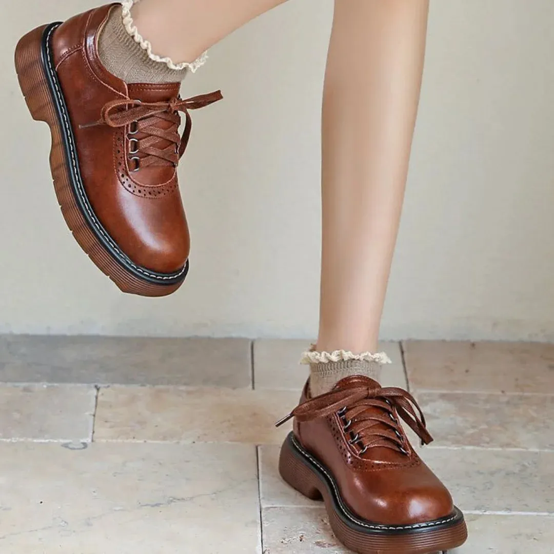 Hnzxzm Round Toe Small Leather Shoes for Women New British Style Single Shoes Japanese Vintage Brown Leather Shoes