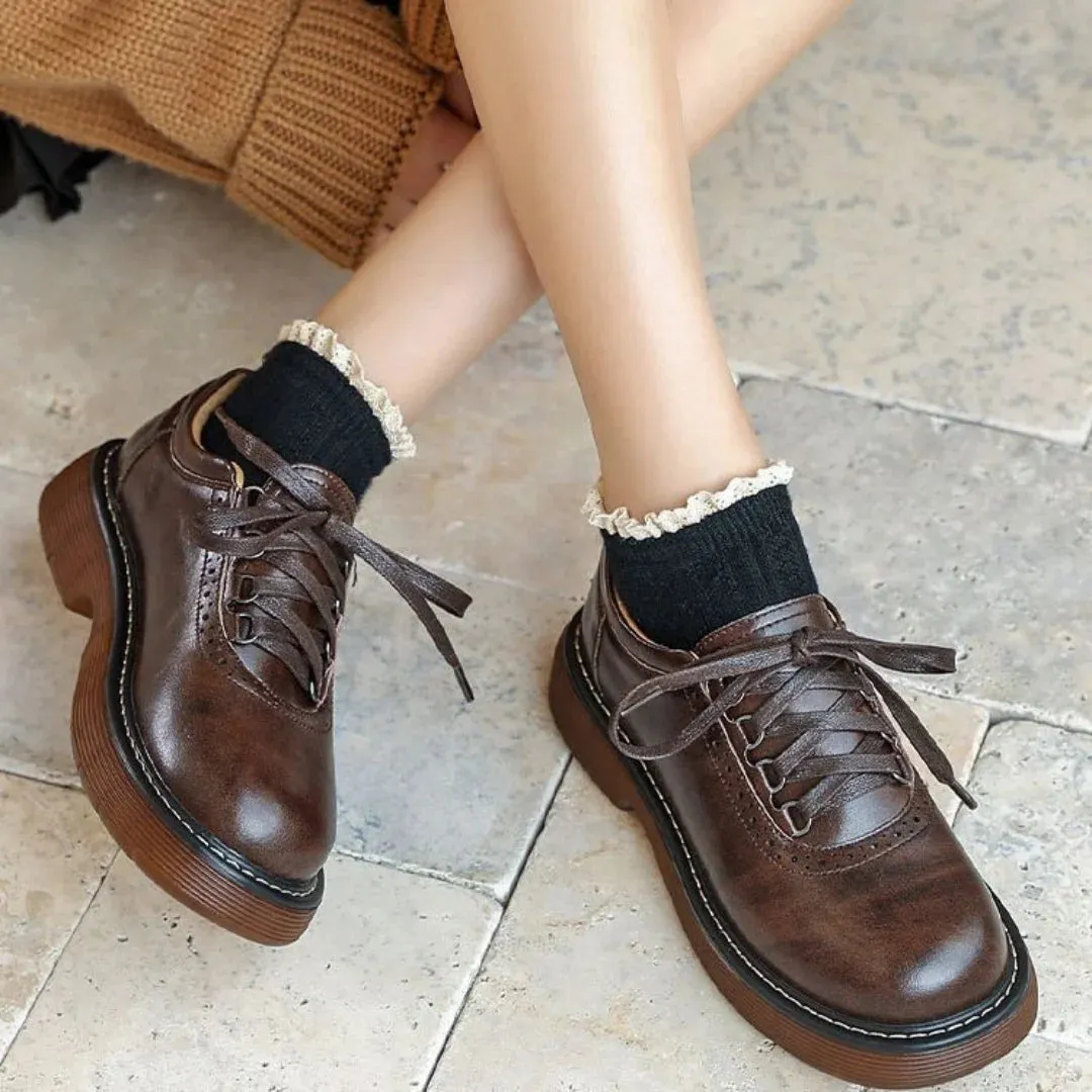 Hnzxzm Round Toe Small Leather Shoes for Women New British Style Single Shoes Japanese Vintage Brown Leather Shoes