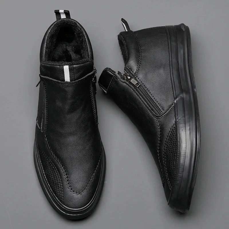 Men's Non-Slip Plush-Lined Leather Sneakers