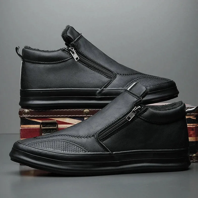 Men's Non-Slip Plush-Lined Leather Sneakers