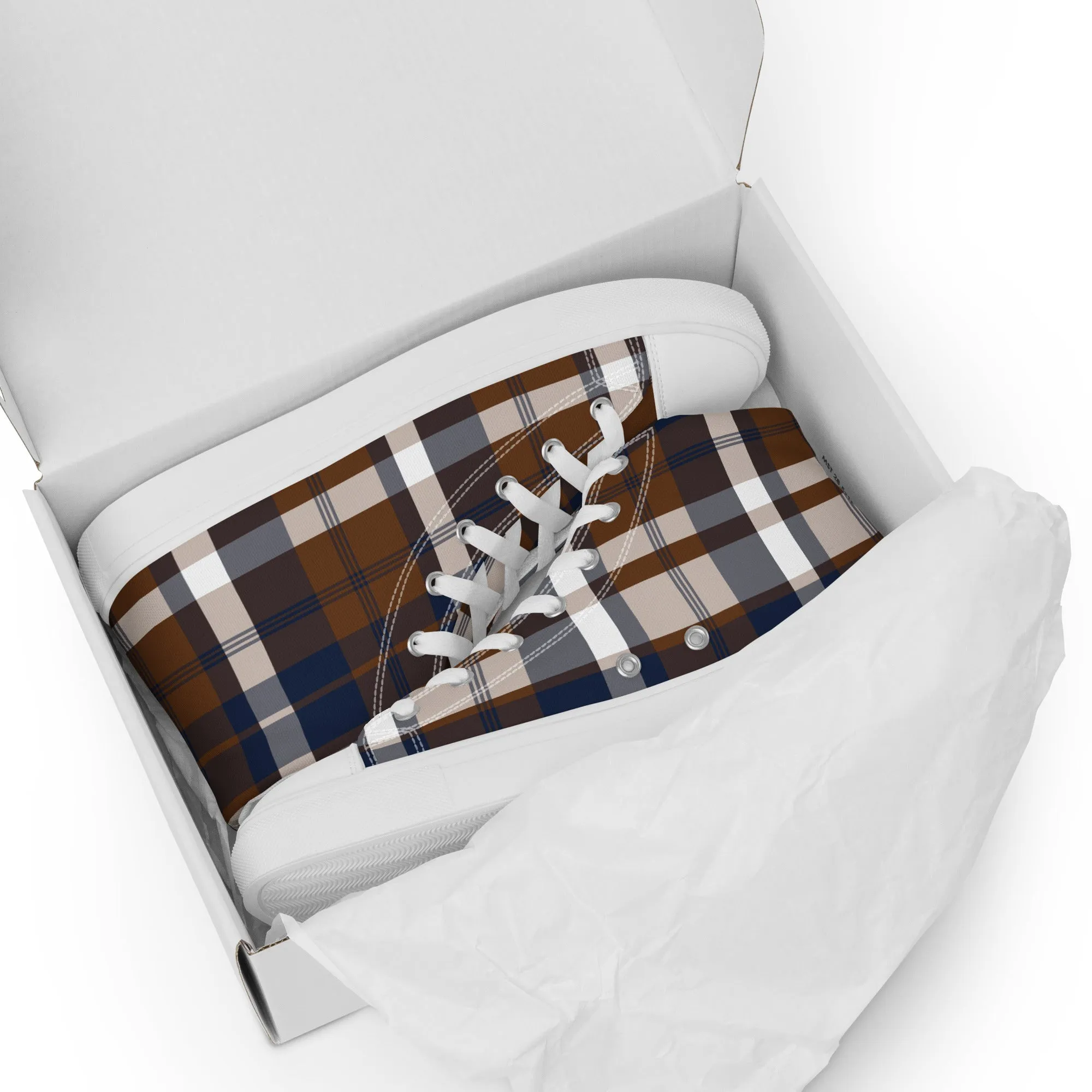 Navy Blue and Brown Preppy Surfer Girl Plaid High Top Canvas Shoes