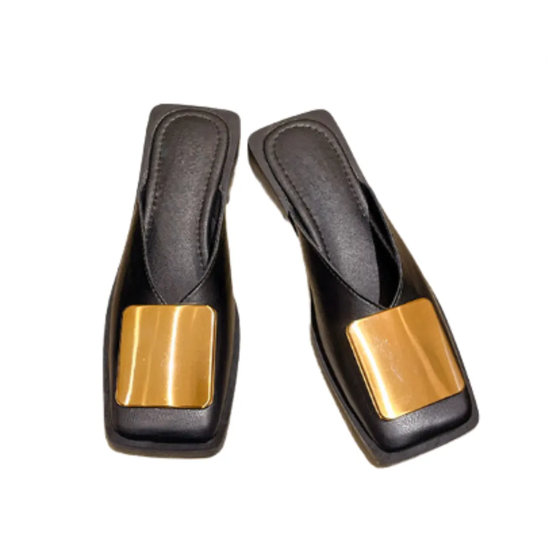 Pre Order: Metal Buckle Square Toe Flat Pumps