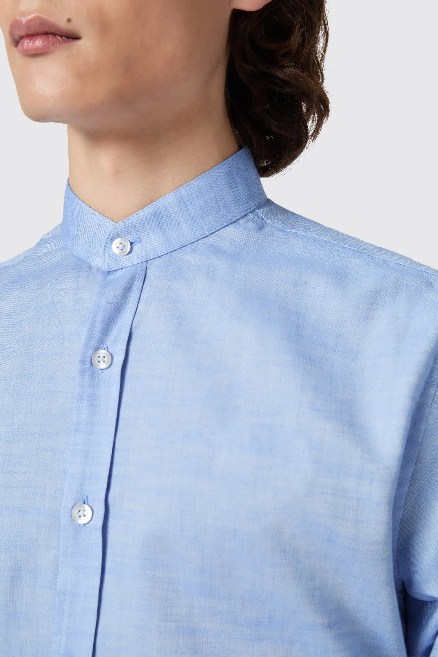 Saunders Slim Fit Grandad Collar Blue Linen Shirt