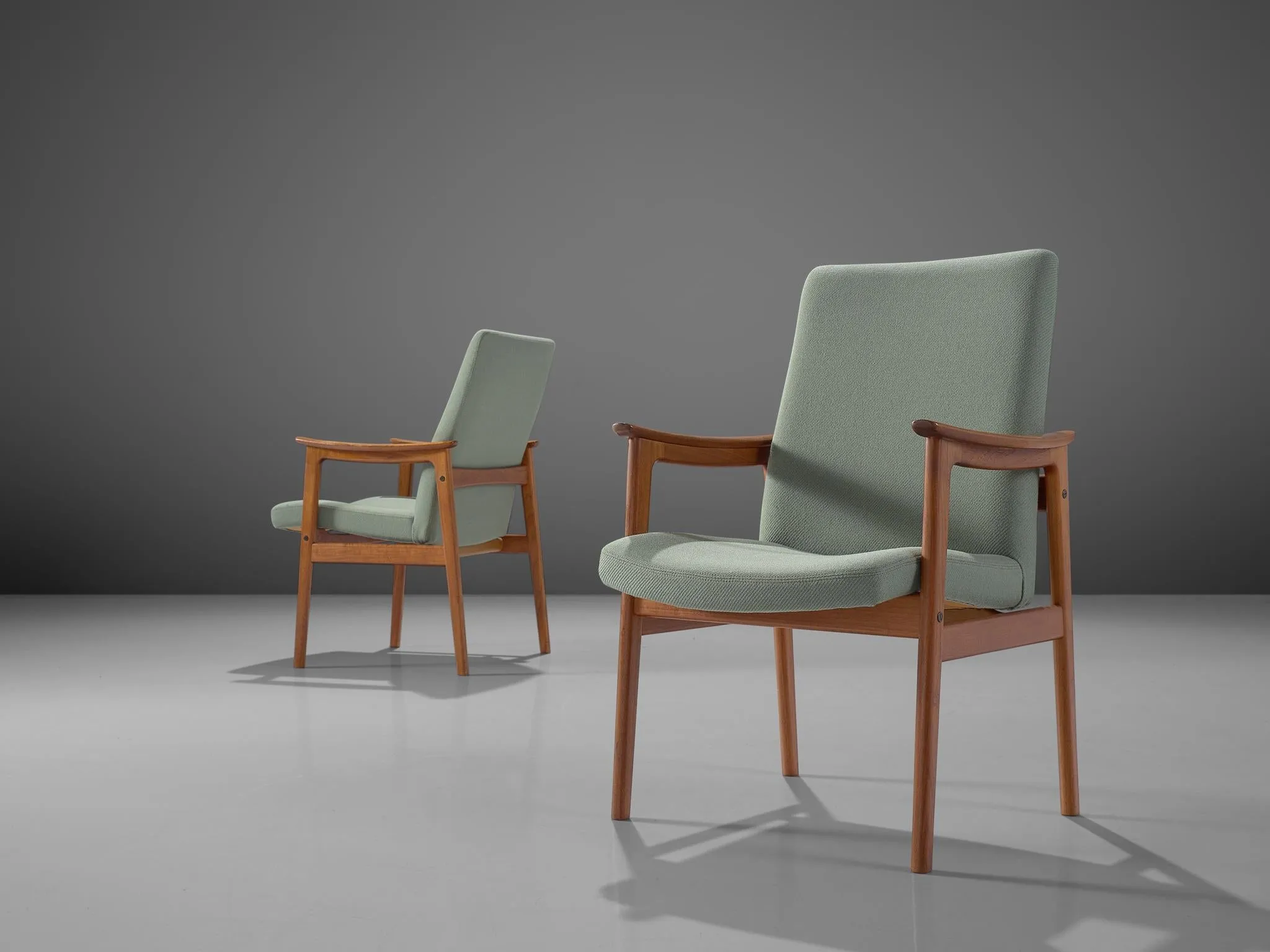 Scandinavian Set of Six High Back Armchairs in Teak and Mint Green Fabric