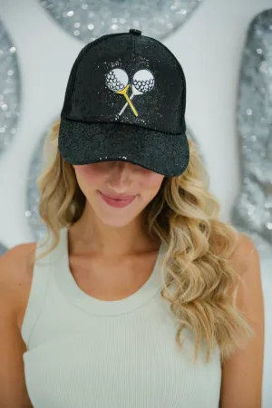 TEE TIME BLACK GLITTER TRUCKER HAT