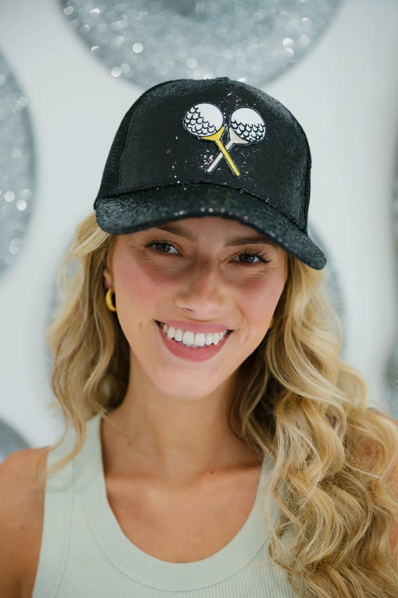 TEE TIME BLACK GLITTER TRUCKER HAT