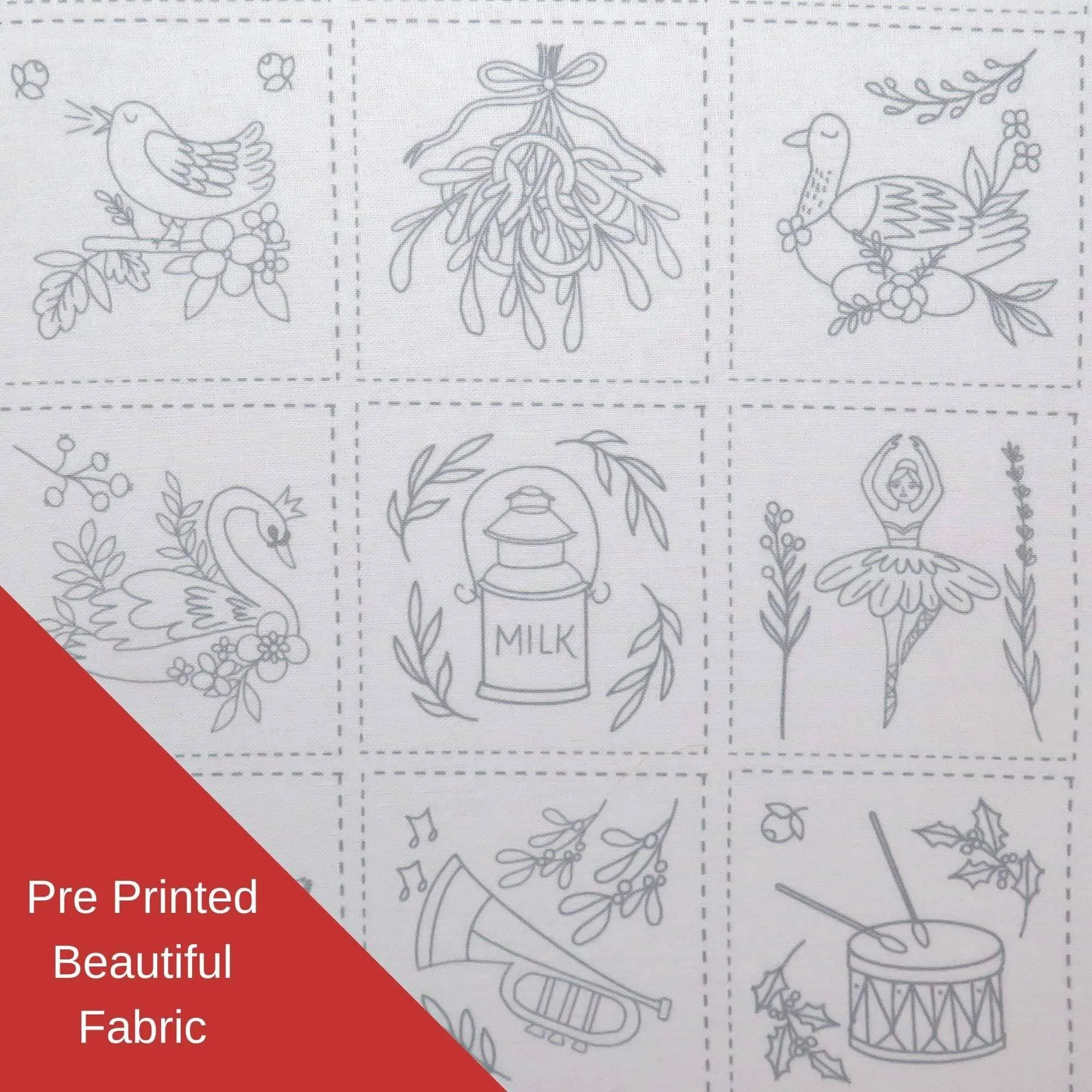 Twelve days of Christmas Pre Printed Hand Embroidery Fabric Panel
