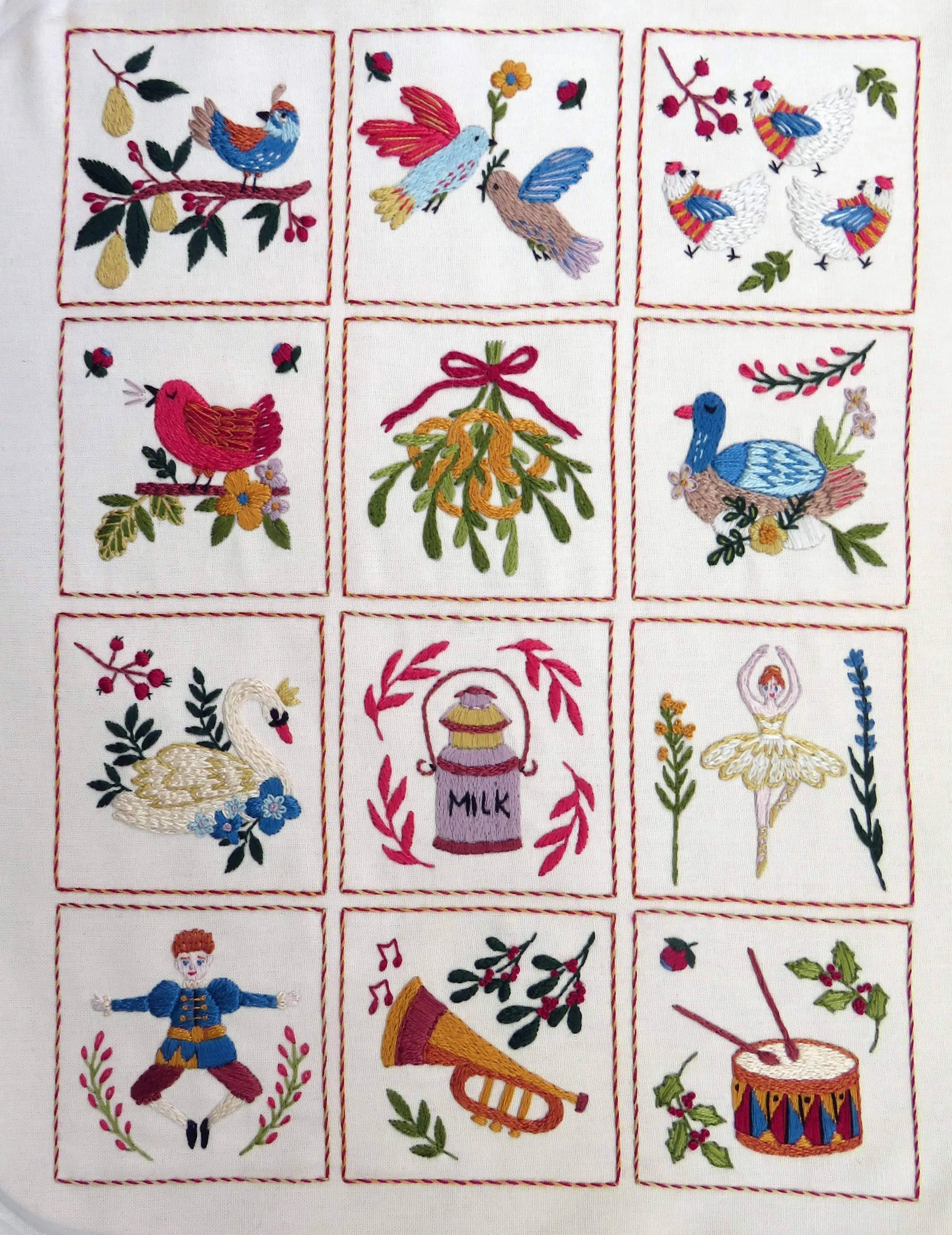 Twelve days of Christmas Pre Printed Hand Embroidery Fabric Panel