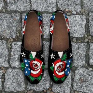 US Flag Rose Casual Canvas Slip on Shoes Women's Flats