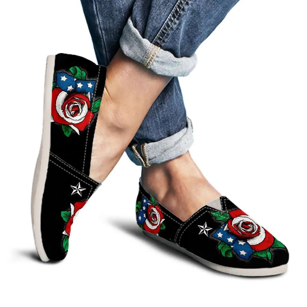 US Flag Rose Casual Canvas Slip on Shoes Women's Flats