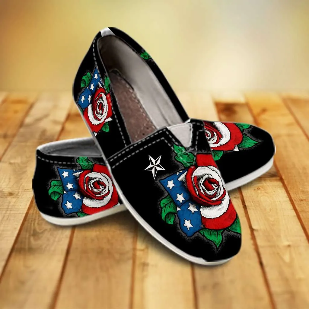 US Flag Rose Casual Canvas Slip on Shoes Women's Flats