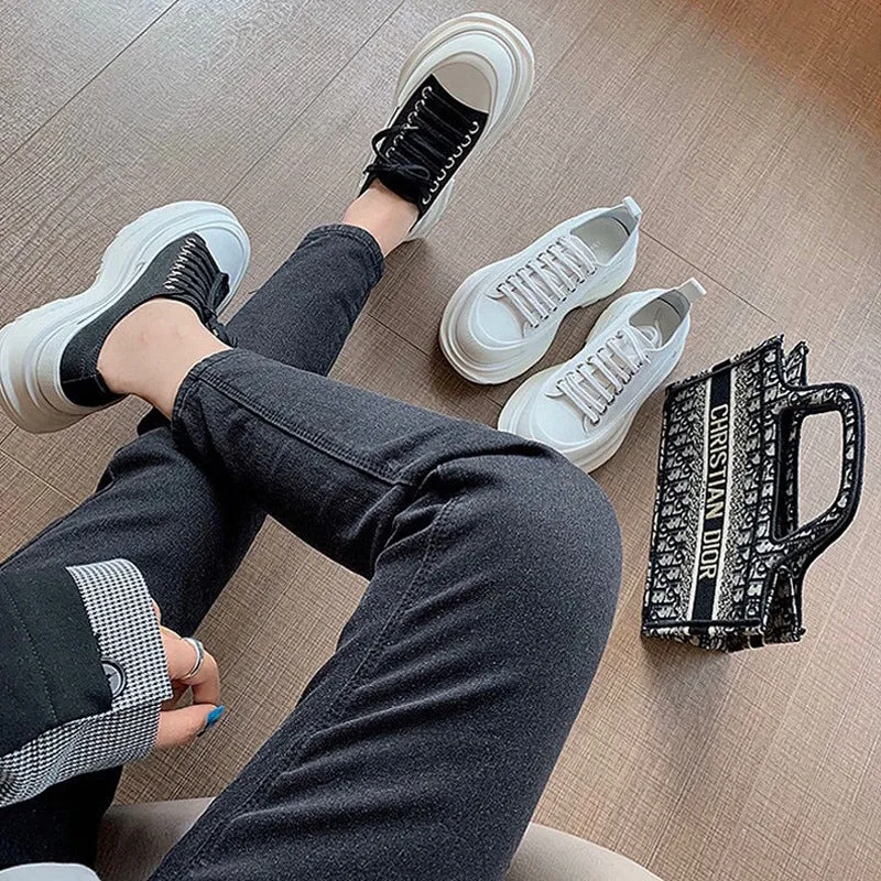 xakxx McQueen Canvas Platform White Shoes Autumn New Korean Style Versatile Muffin Sports Height Increasing Women's Casual Daddy Shoes